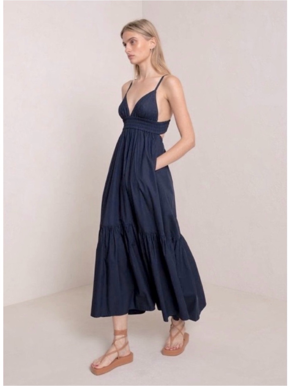 A.L.C. Rhodes Navy Blue Spaghetti Strap Cut Out Back Tiered Poplin Midi Dress 6